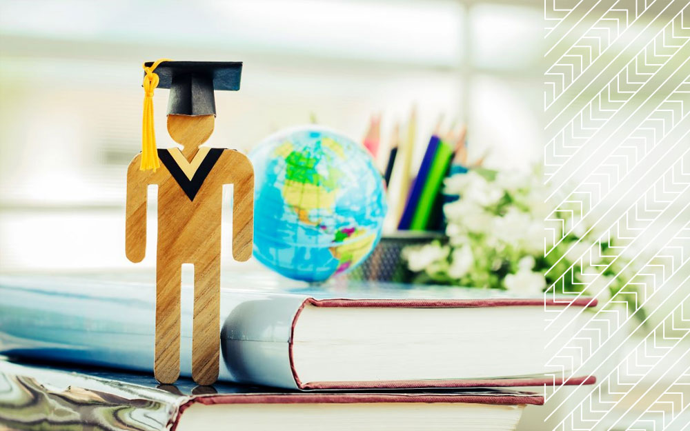 A stylised image of a person standing next to a globe and books