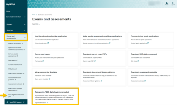 Image showing the Exams and assessments page within MyNZQA