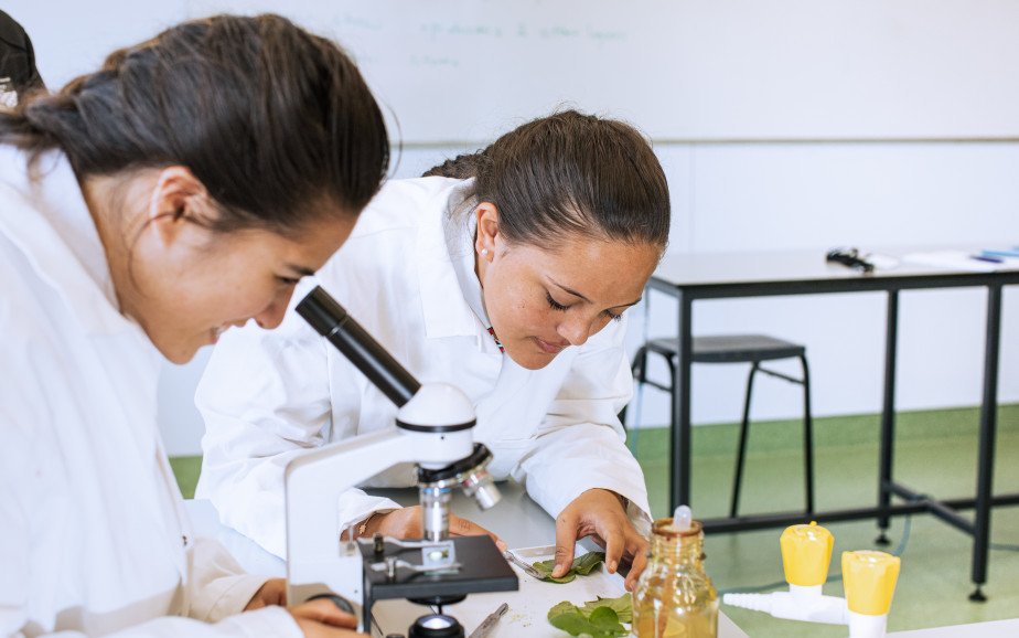 Two female students in white coats look into a microscope 