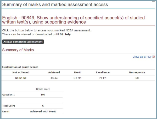 Screenshot showing results section of the learner portal