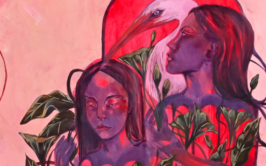 A painting depicting two girls and a heron. This painting is part of the 2026 Top Art tour