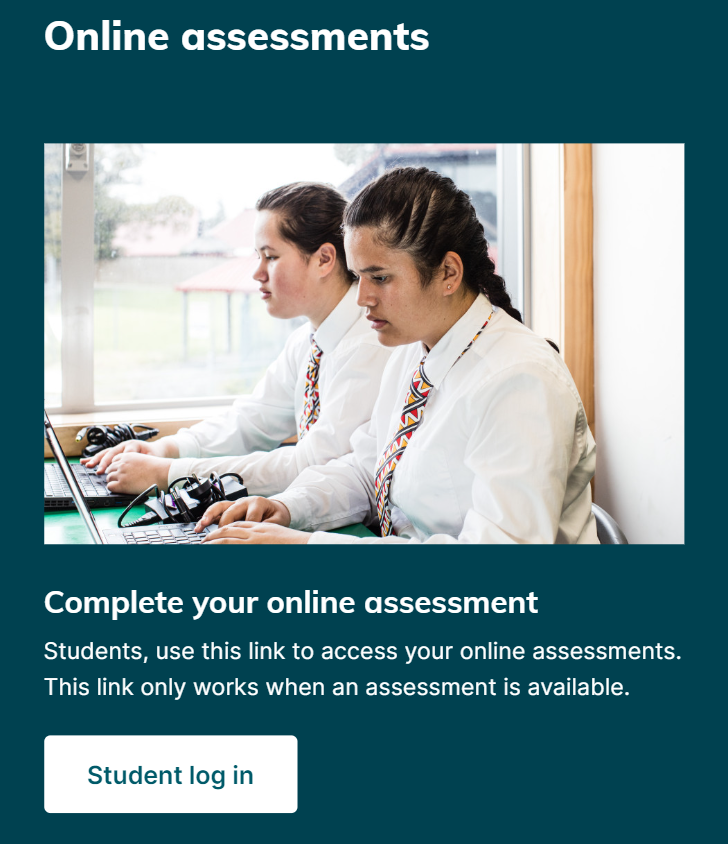 The image shows students to select the Complete your online assessment log in option on the main log in page to start their assessment